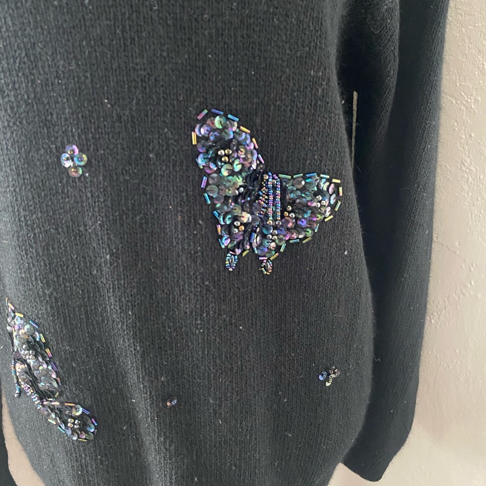 Vtg Black Mockneck Beaded Sequin Butterfly Appliqué Sweater Cottage Coquette L - Picture 5 of 9